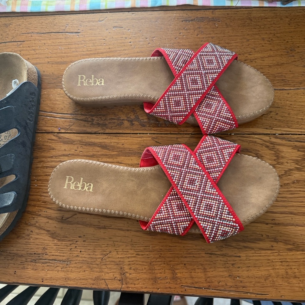 Reba Red Beaded Crisscross Slide Sandals